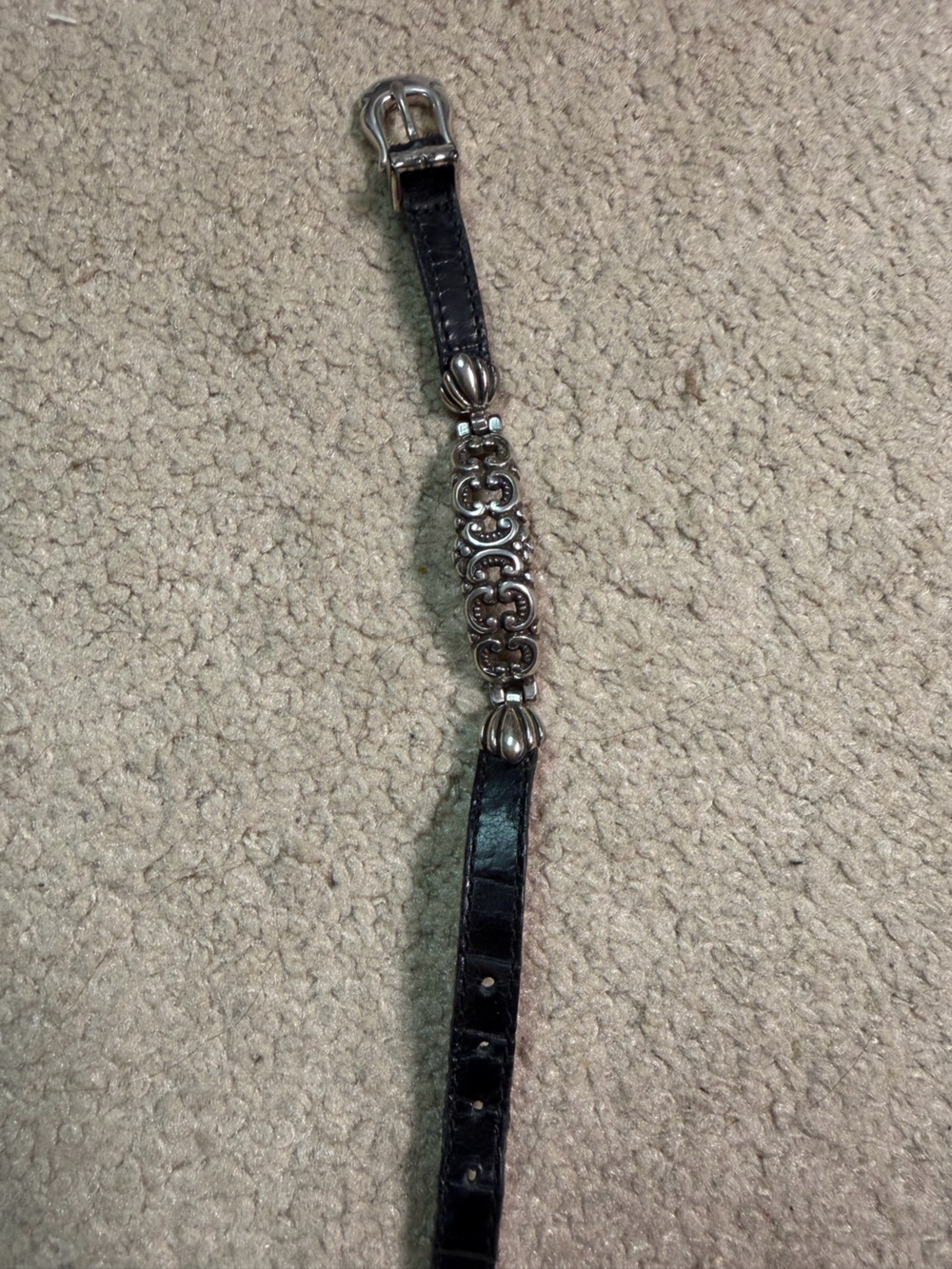 Women's Brighton Black Leather Bracelet with Silver Filigree Accent